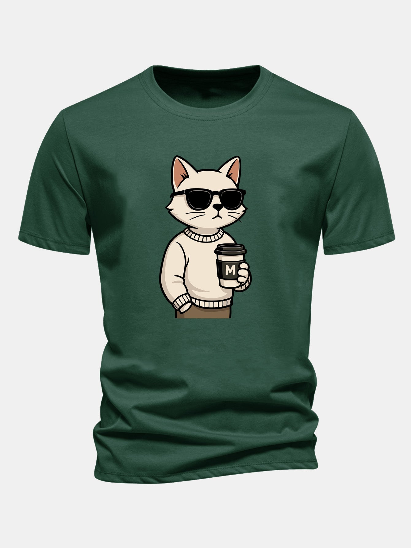 Classic Fit Cotton T-Shirt with Cat Coffee Print