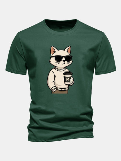 Classic Fit Cotton T-Shirt with Cat Coffee Print