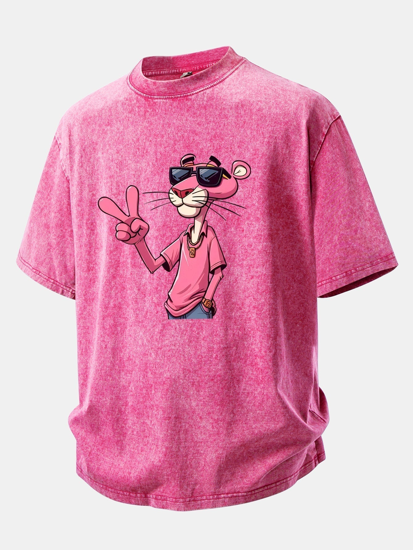 Distressed Drop Shoulder T-Shirt Featuring Pink Panther with V Sign Print