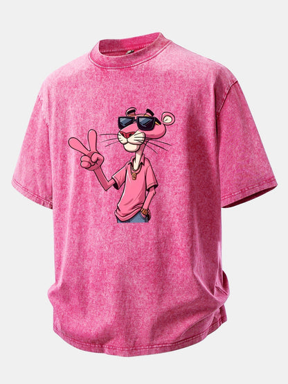 Distressed Drop Shoulder T-Shirt Featuring Pink Panther with V Sign Print