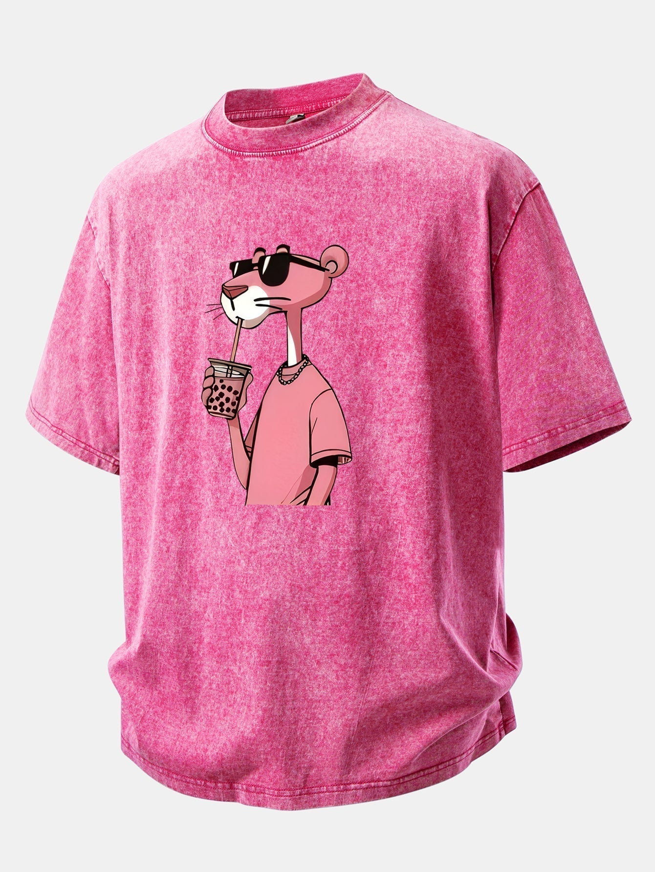 Distressed Drop Shoulder T-Shirt with Pink Panther Print
