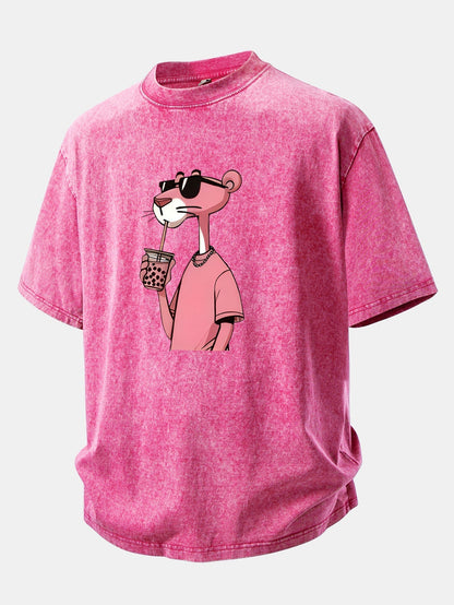 Distressed Drop Shoulder T-Shirt with Pink Panther Print