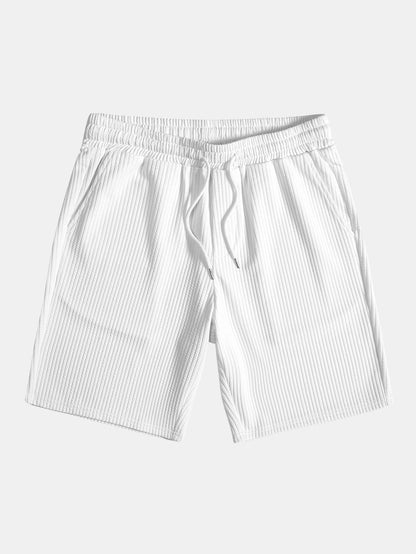 Ribbed Button-Up Shirt with Contrast Details & Drawstring Ribbed Shorts