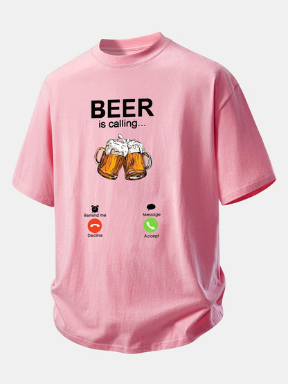 Comfortable Cotton T-Shirt with 'Beer Is Calling' Print