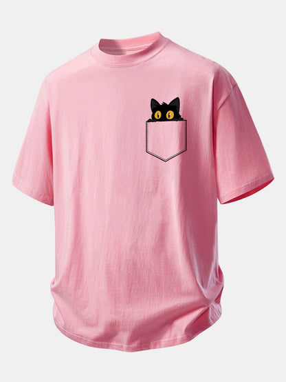 Relaxed Fit Cotton T-Shirt with Black Cat Print and Pockets