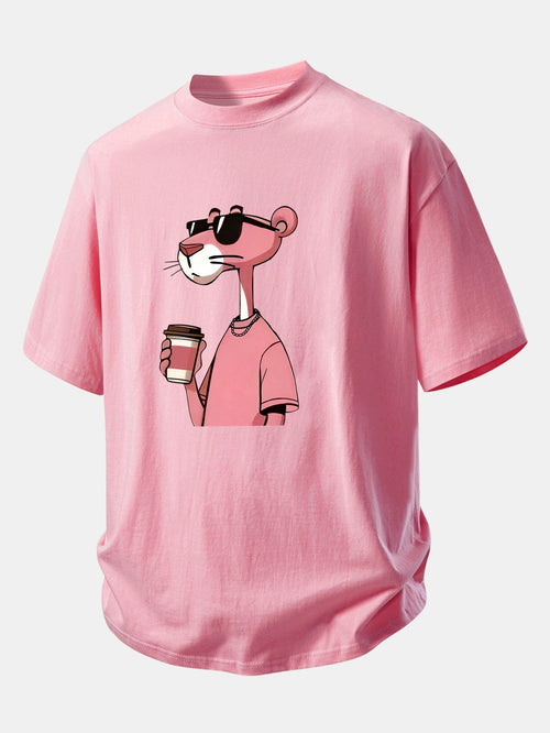 Casual Fit Pink Panther Coffee Print Cotton Tee