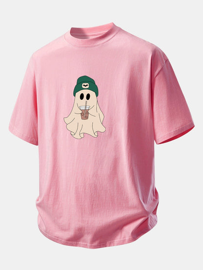 Relaxed Fit Dark Green Ghost Print Cotton T-Shirt