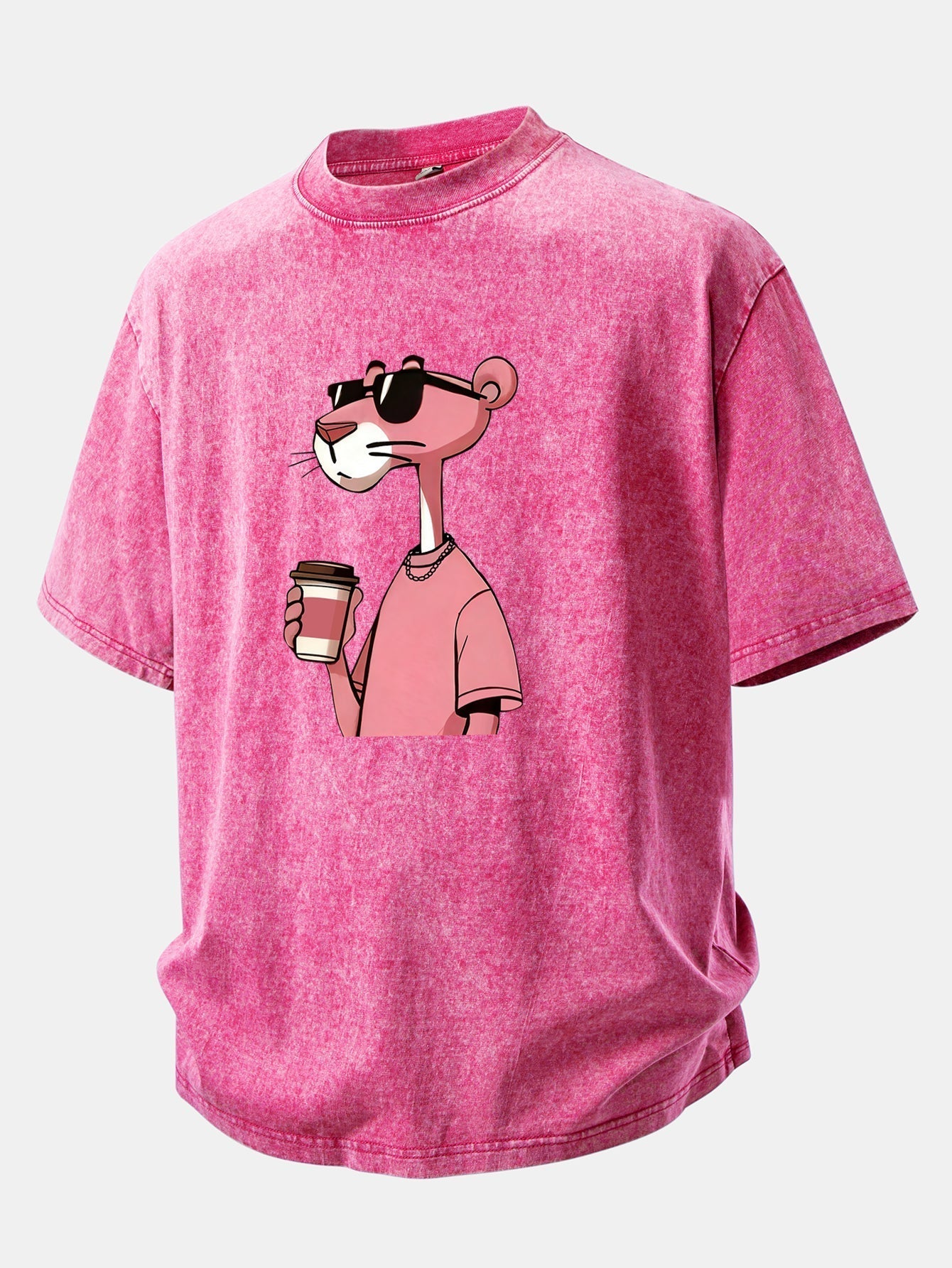 Distressed Drop Shoulder T-Shirt Featuring Pink Panther Coffee Print