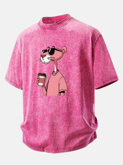 Distressed Drop Shoulder T-Shirt Featuring Pink Panther Coffee Print