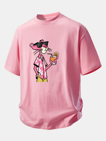 Relaxed Fit Pink Panther Print Cotton Tee for Vacation