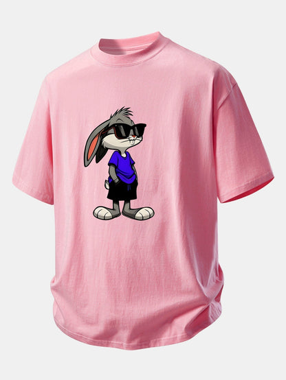 Relaxed Fit Cotton T-Shirt with Rabbit Print Sunglasses Design