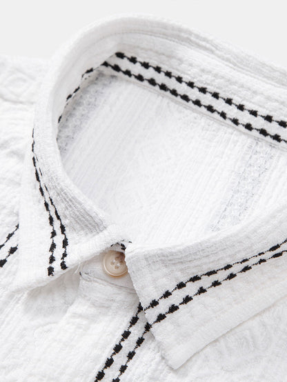 Geometric Striped Jacquard Button-Up Shirt with Crinkle Textured 5" Drawstring Shorts