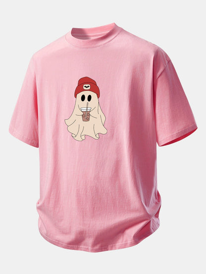 Comfortable Red Ghost Print Cotton T-Shirt
