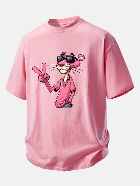 Relaxed Fit Cotton T-Shirt Featuring Pink Panther and V Sign Print