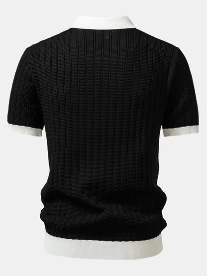 Textured Contrast Johnny Collar Knit Polo with Drawstring Waffle Knit Pants