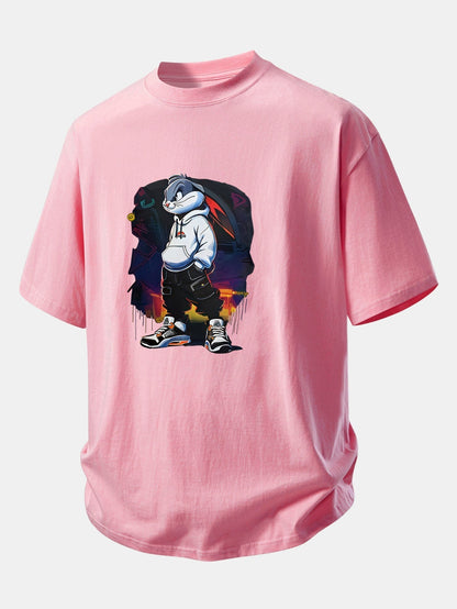 Casual Cartoon Rabbit Graphic Cotton Tee