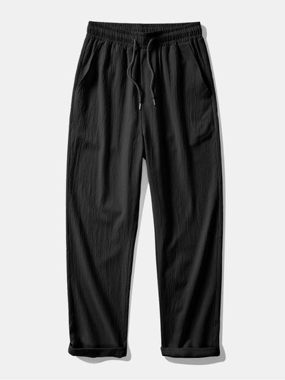 Textured Crinkle Button-Up Shirt with Straight-Leg Trousers