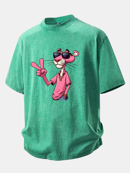 Distressed Drop Shoulder T-Shirt Featuring Pink Panther with V Sign Print