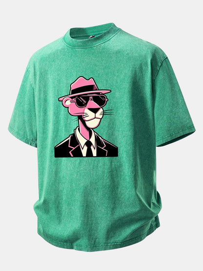 Distressed Pink Panther Print Drop Shoulder T-Shirt for Gentlemen
