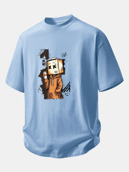 Comfortable Cartoon Box Head Graphic Cotton T-Shirt