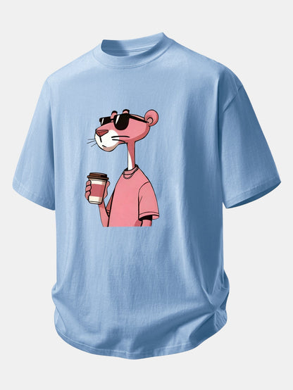 Casual Fit Pink Panther Coffee Print Cotton Tee