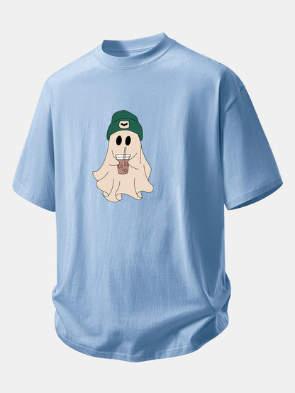 Relaxed Fit Dark Green Ghost Print Cotton T-Shirt