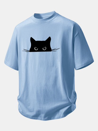 Comfortable Black Cat Print Cotton Tee