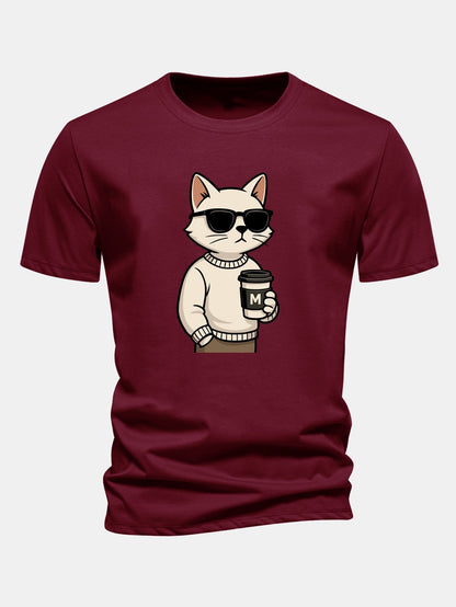 Classic Fit Cotton T-Shirt with Cat Coffee Print