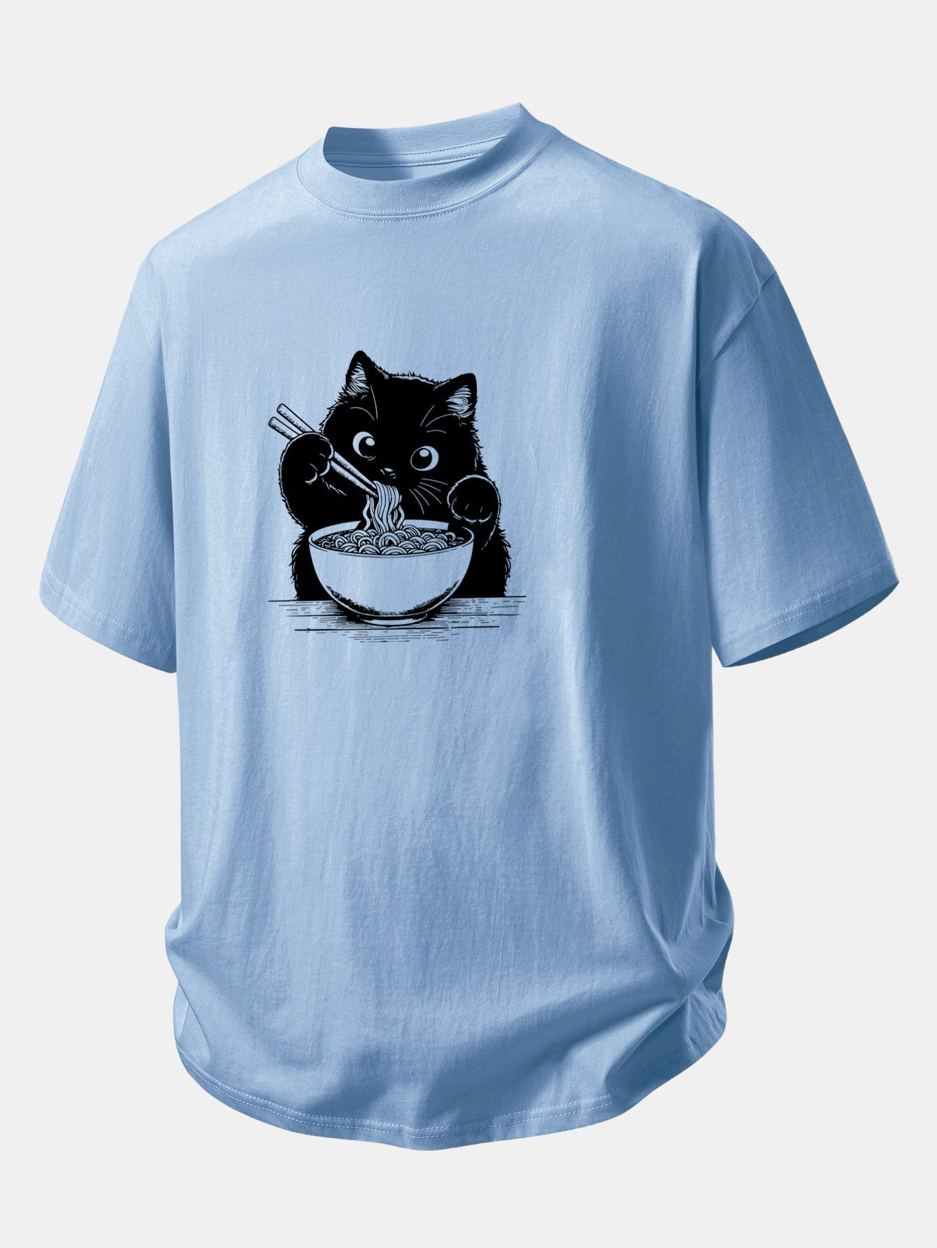 Comfortable Black Cat Ramen Graphic Cotton T-Shirt