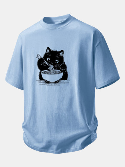 Comfortable Black Cat Ramen Graphic Cotton T-Shirt