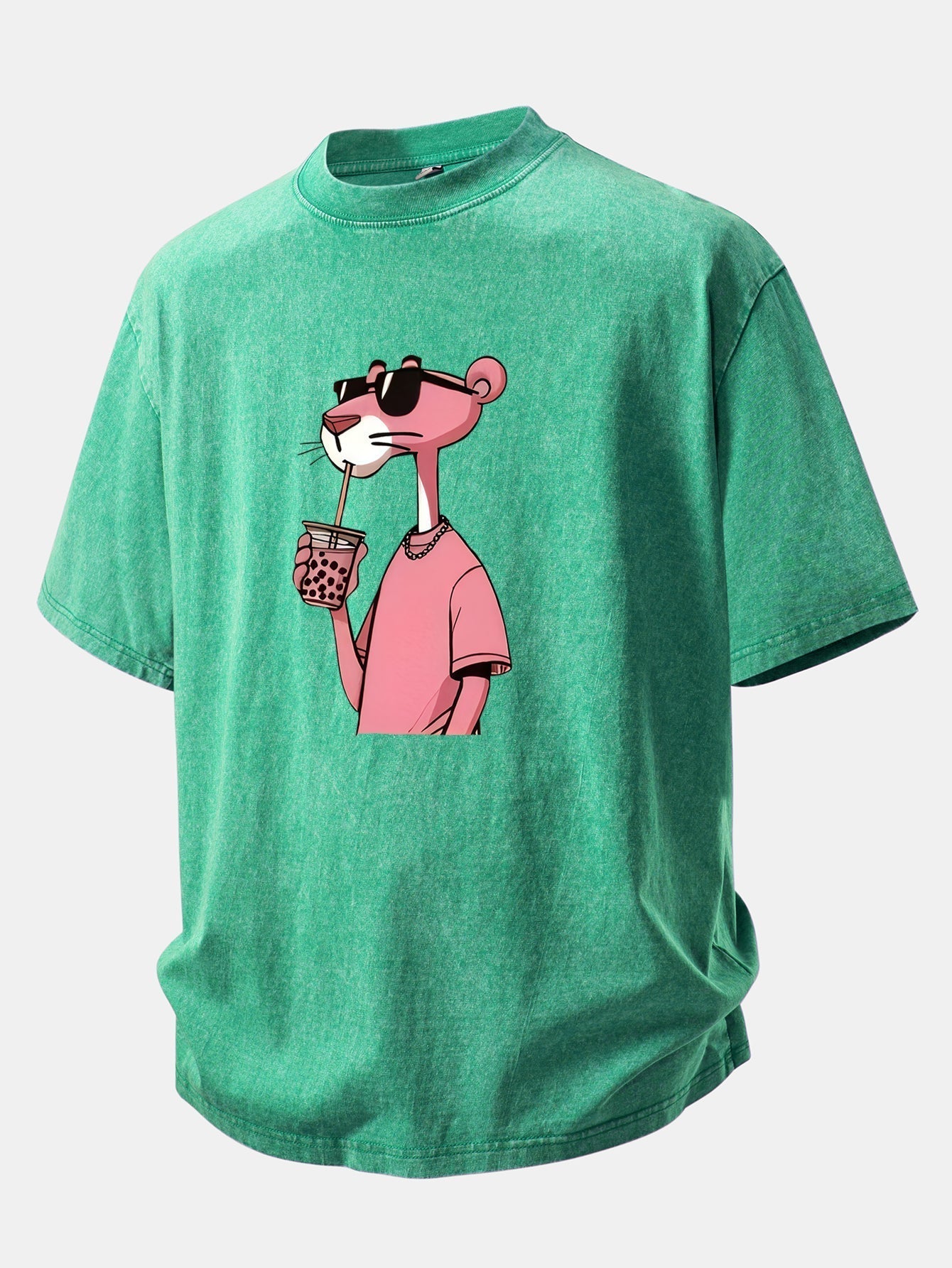 Distressed Drop Shoulder T-Shirt with Pink Panther Print