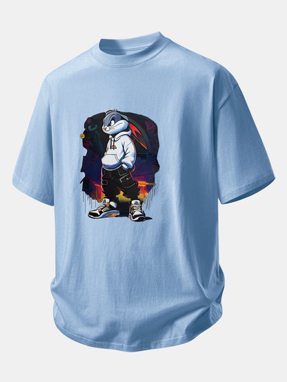 Casual Cartoon Rabbit Graphic Cotton Tee