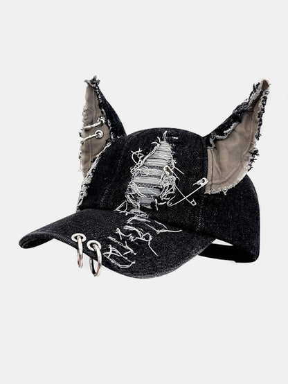Gothic Western Distressed Denim Cap with Metal Accents