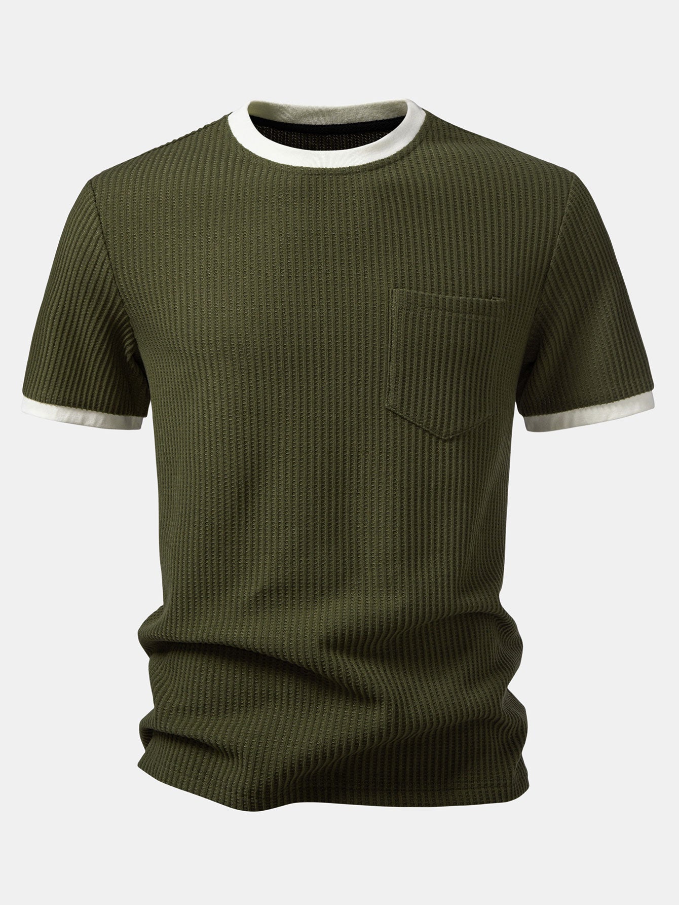 Two-Piece Contrast Waffle Set: T-Shirt with Pocket & Drawstring Knitted Pants