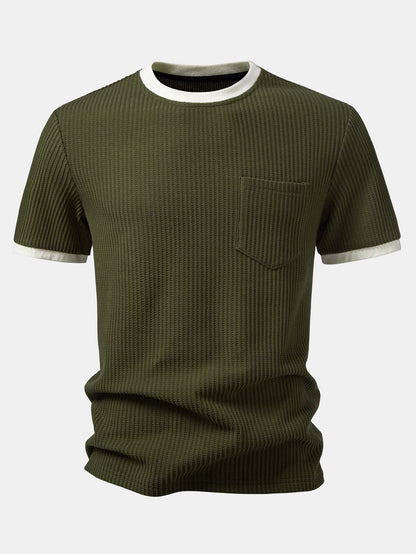 Two-Piece Contrast Waffle Set: T-Shirt with Pocket & Drawstring Knitted Pants