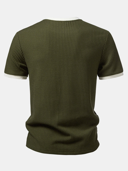 Two-Piece Contrast Waffle Set: T-Shirt with Pocket & Drawstring Knitted Pants