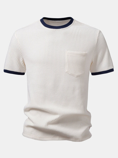 Two-Piece Contrast Waffle Set: T-Shirt with Pocket & Drawstring Knitted Pants