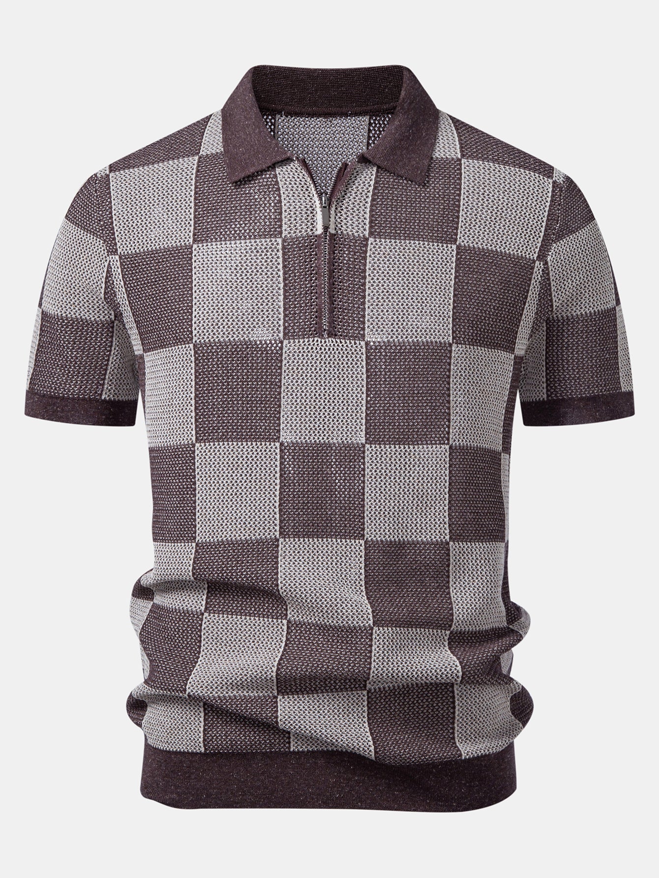 Crocheted Zipper Knit Polo with Checkerboard Design