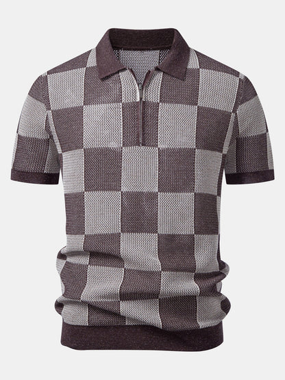 Crocheted Zipper Knit Polo with Checkerboard Design