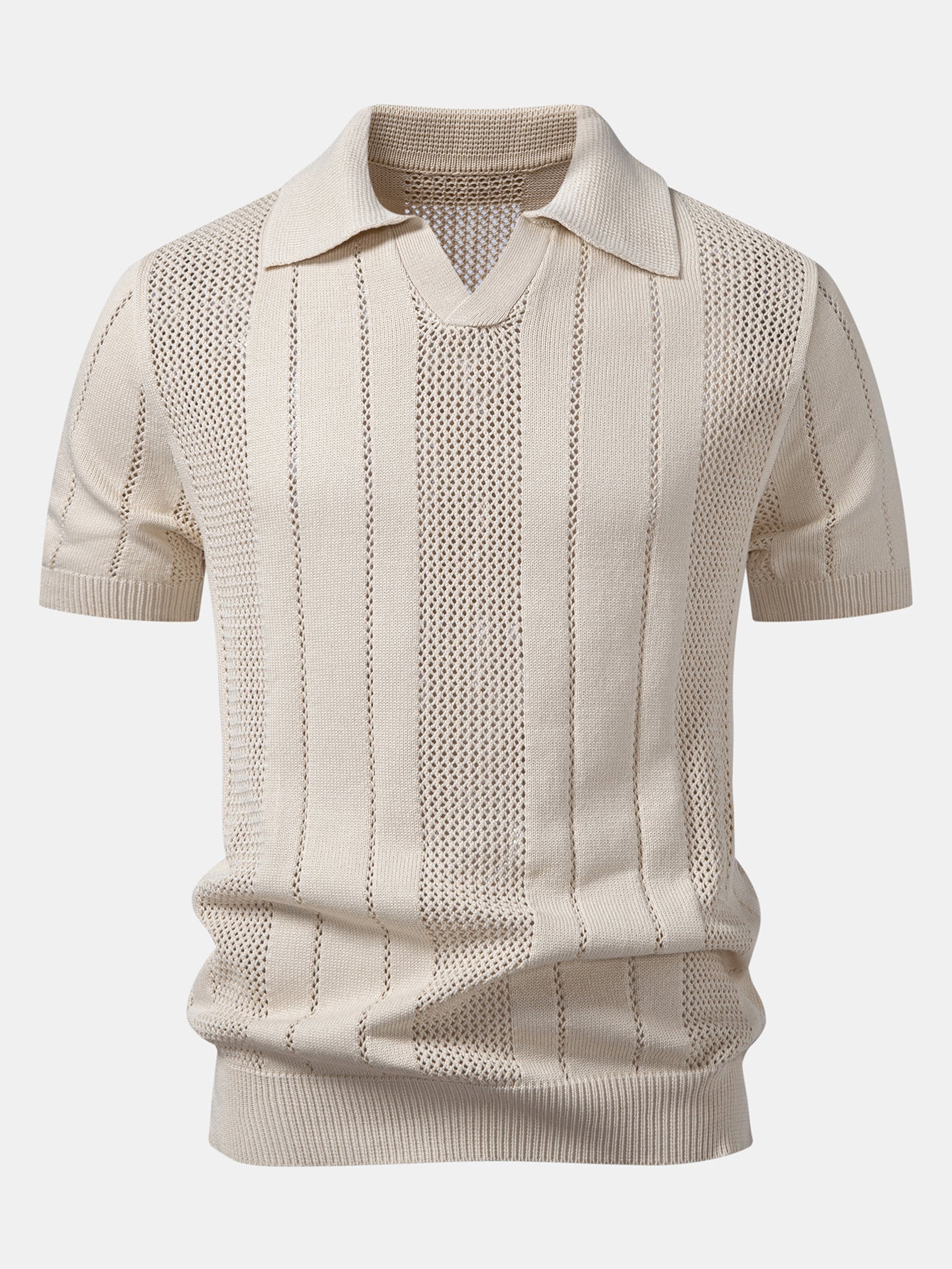 Johnny Collar Striped Knit Polo with Open Weave