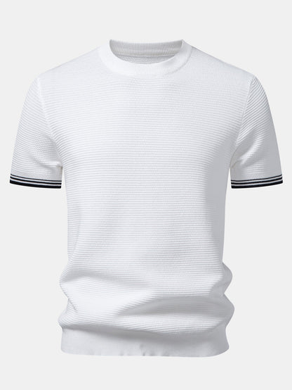 Ribbed Knit T-Shirt with Contrast Stripe Trim