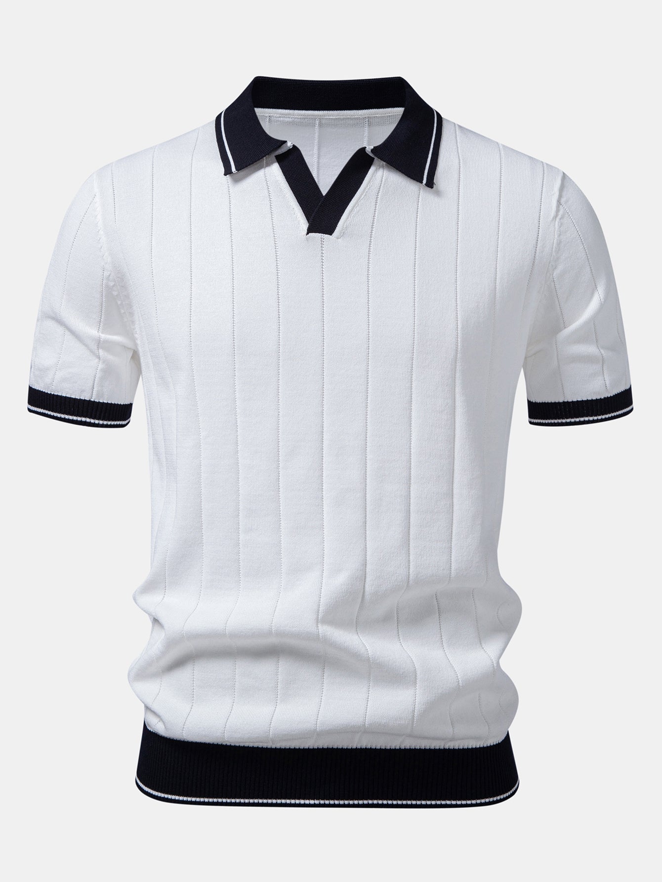 Ribbed Knit Polo with Contrast Trim and Straight Leg Ribbed Trousers
