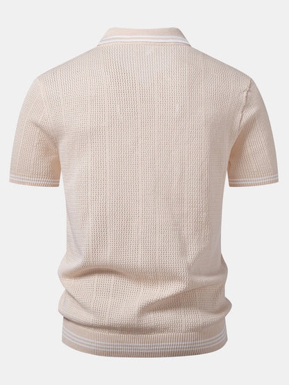Open Knit Polo with Contrast Johnny Collar