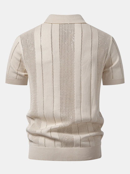 Johnny Collar Striped Knit Polo with Open Weave