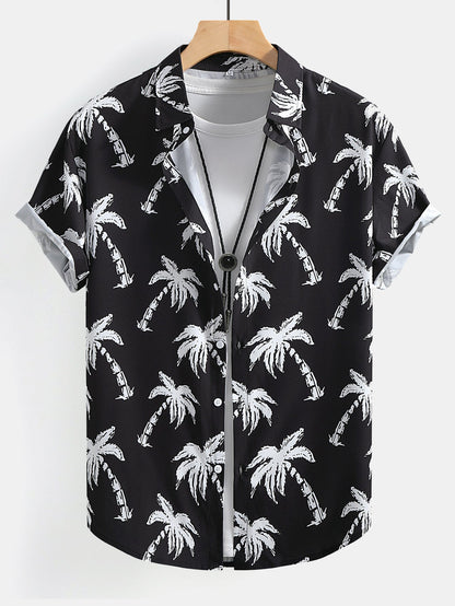 Button-Up Shirt and Swim Shorts with Palm Tree Print