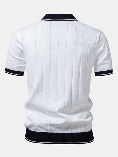 Ribbed Knit Polo with Contrast Trim and Johnny Collar