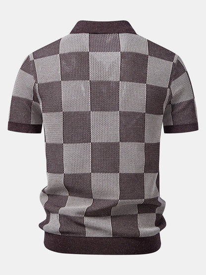 Crocheted Zipper Knit Polo with Checkerboard Design