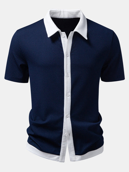 Ribbed Button-Up Shirt with Contrast and Straight-Leg Ribbed Pants