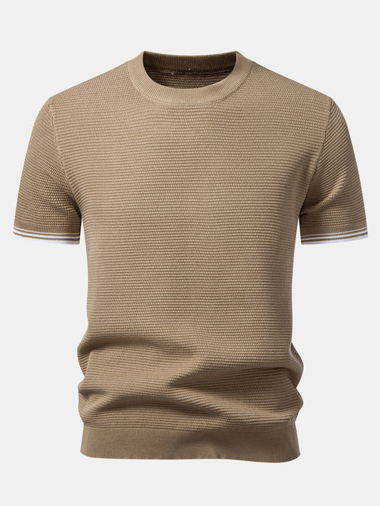 Ribbed Knit T-Shirt with Contrast Stripe Trim