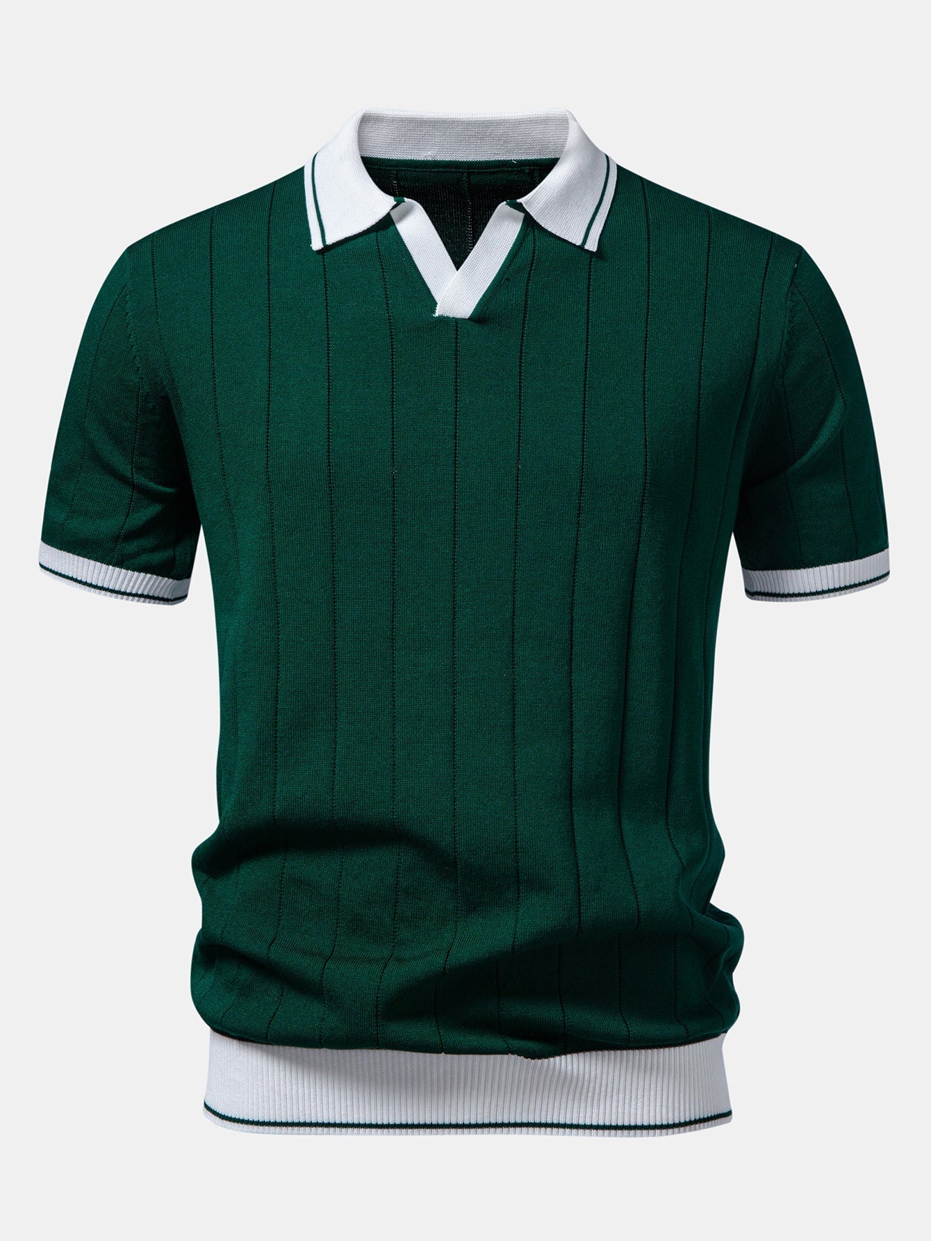 Ribbed Knit Polo with Contrast Trim and Straight Leg Ribbed Trousers